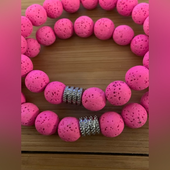 Pair of Neon pink lava bead stretch bracelets - Picture 2 of 2